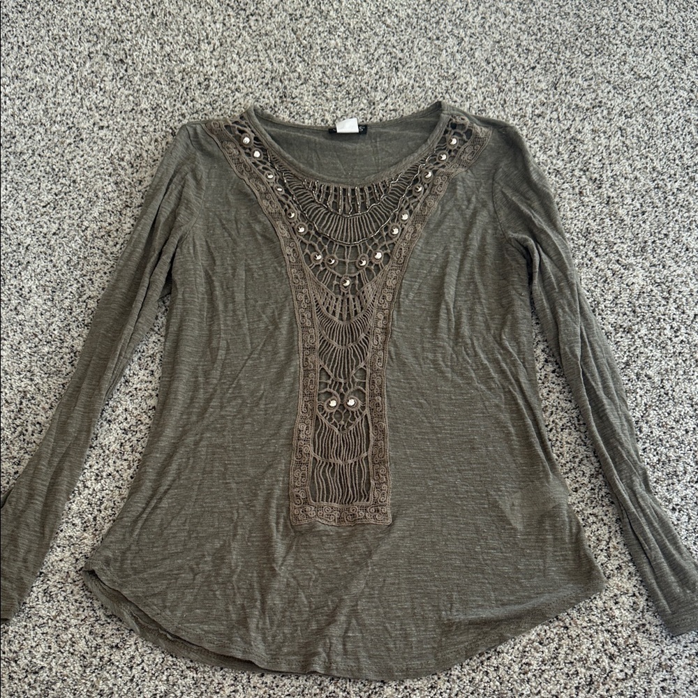 Venus Olive Long Sleeve Top with Embellishments